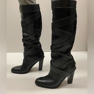 Women's Knee high leather black boots with crisscross leather straps Size 9M